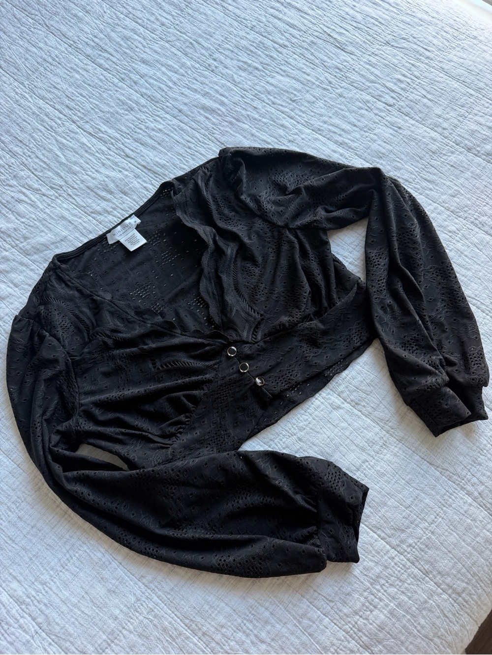 Cropped Black Eyelet Button-Front Top